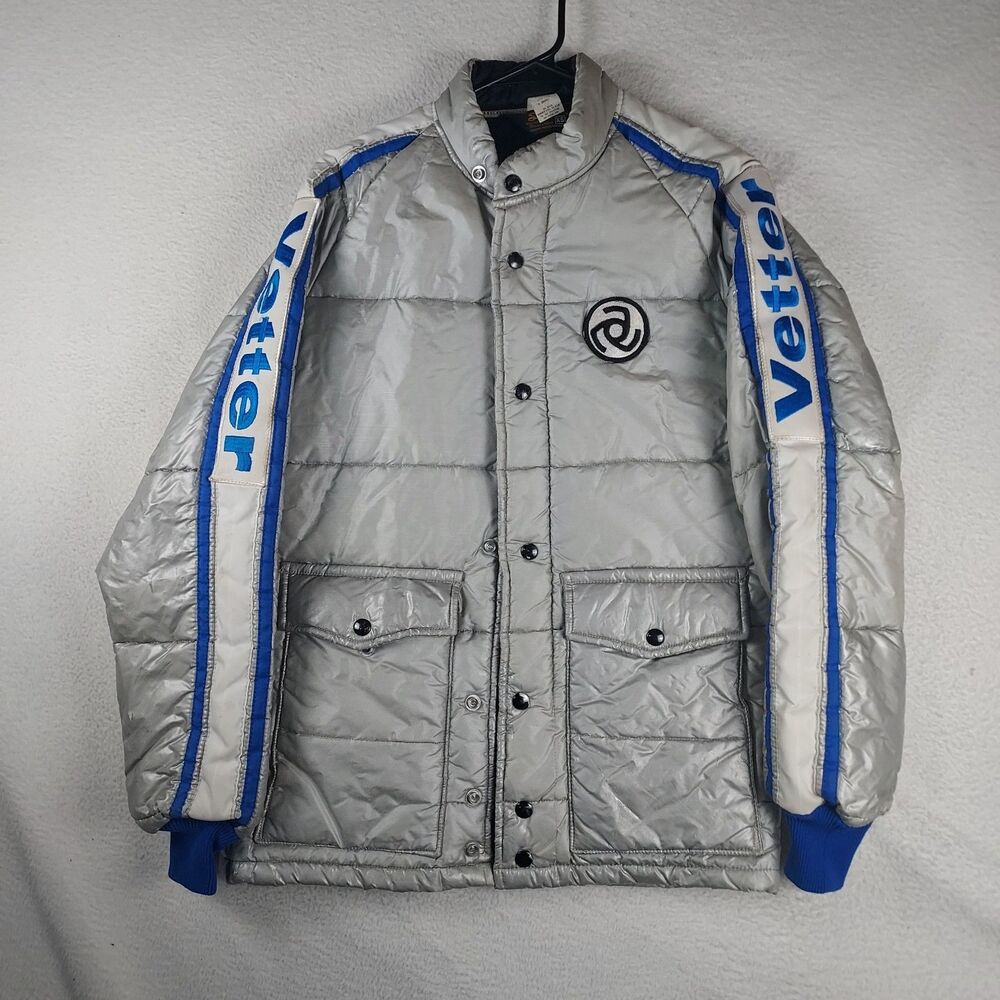 Vintage Swingster Vetter Racing Jacket XS Silver Blue Insulated Snap Coat USA
